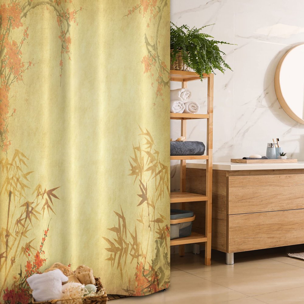 Ambesonne Bamboo Print Stall Shower Curtain, Bamboo Stems and Blooming Flower Antique Grunge Background Oriental, Fabric Bathroom Decor Set with Hooks, 36" W x 72" L, Mustard Vermilion