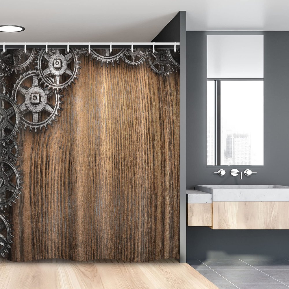 Ambesonne Industrial Stall Shower Curtain, Gear Wheels on Left Corner Timber Background Mechanical Mechanism Engine, Fabric Bathroom Decor Set with Hooks, 54" W x 78" L, Pale Brown Grey