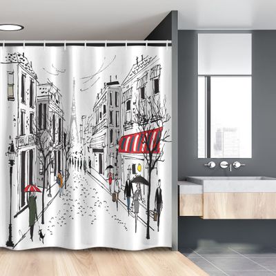 Ambesonne Paris Stall Shower Curtain, Old French Pedestrians Stores Trees and The Silhouette of Eifffel Urban Illustration, Fabric Bathroom Decor Set with Hooks, 54" W X 78" L, Gray White