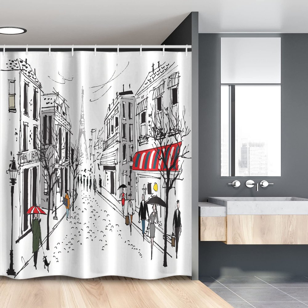 Ambesonne Paris Stall Shower Curtain, Old French Pedestrians Stores Trees and The Silhouette of Eifffel Urban Illustration, Fabric Bathroom Decor Set with Hooks, 54" W X 78" L, Gray White