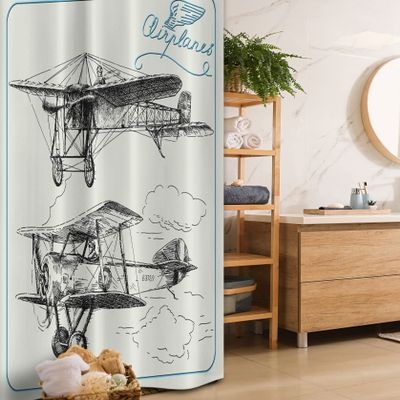 Ambesonne Airplane Stall Shower Curtain, Classic Nostalgic Planes Aircraft Propeller in The Sky Fast Travel Wings Sketch, Fabric Bathroom Decor Set with Hooks, 36" W x 72" L, Blue Black