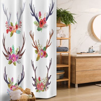 Ambesonne Antlers Stall Shower Curtain, Deer Horns Bouquet Flowers Bloom Fun Springtime Garden Branches Work of Art Print, Fabric Bathroom Decor Set with Hooks, 36" W x 72" L, White Plum Jade Green