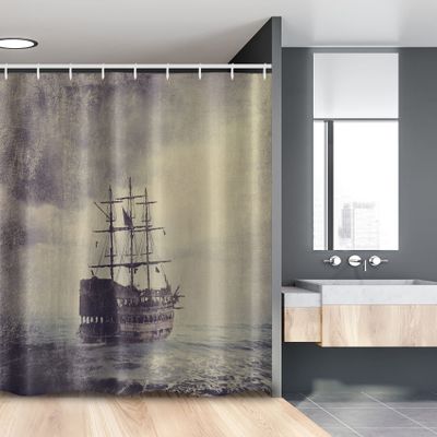Ambesonne Nautical Stall Shower Curtain, Old Pirate Ship in The Sea Historical Cruise Retro Voyage Grunge Style Art, Fabric Bathroom Decor Set with Hooks, 54" W x 78" L, Plum Tan