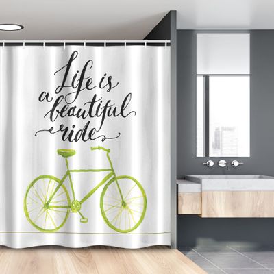 Ambesonne Bicycle Stall Shower Curtain, Life is a Bike Ride Words Print Pastel Color Unique Ride Graphic, Fabric Bathroom Decor Set with Hooks, 54" W x 78" L, Green Black