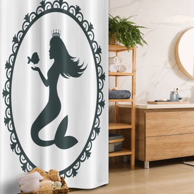 Ambesonne Mermaid Stall Shower Curtain, Vintage Graphic Illustration of a Framed Cartoon Girl Crown and Fish, Fabric Bathroom Decor Set with Hooks, 36" W x 72" L, White Dark Grey