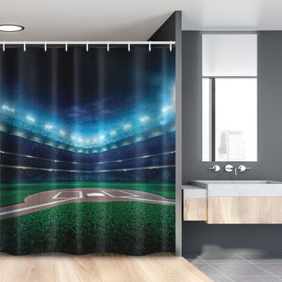 Ambesonne Baseball Stall Shower Curtain, Professional Baseball Field at Night Vibrant Playground Stadium League Theme Print, Fabric Bathroom Decor Set with Hooks, 54" W x 78" L, Blue Green