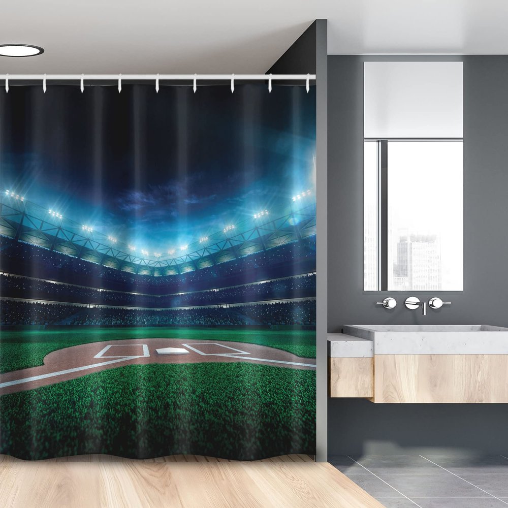 Ambesonne Baseball Stall Shower Curtain, Professional Baseball Field at Night Vibrant Playground Stadium League Theme Print, Fabric Bathroom Decor Set with Hooks, 54" W x 78" L, Blue Green