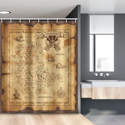 Ambesonne Island Map Stall Shower Curtain, Super Detailed Treasure Map Grungy Rustic Pirates Gold Secret Sea History Theme, Fabric Bathroom Decor Set with Hooks, 54" W X 78" L, Beige Brown
