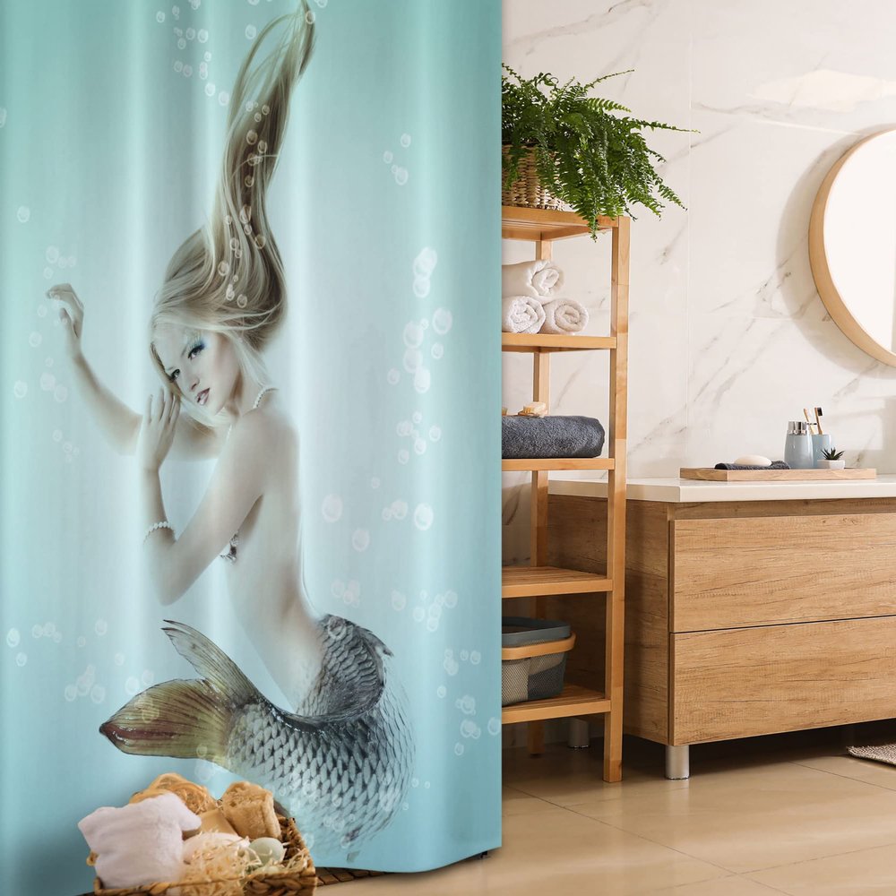 Ambesonne Mermaid Stall Shower Curtain, Floating Girl Water Bubbles Underwater Themed Art Print, Fabric Bathroom Decor Set with Hooks, 36" W x 72" L, Seafoam Beige and Brown