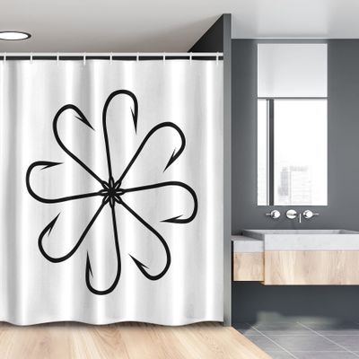 Ambesonne Fishing Stall Shower Curtain, Flower Shaped Artisan Steel Multi Hook Gaff in Row New Needle Device Print, Fabric Bathroom Decor Set with Hooks, 54" W x 78" L, White and Black