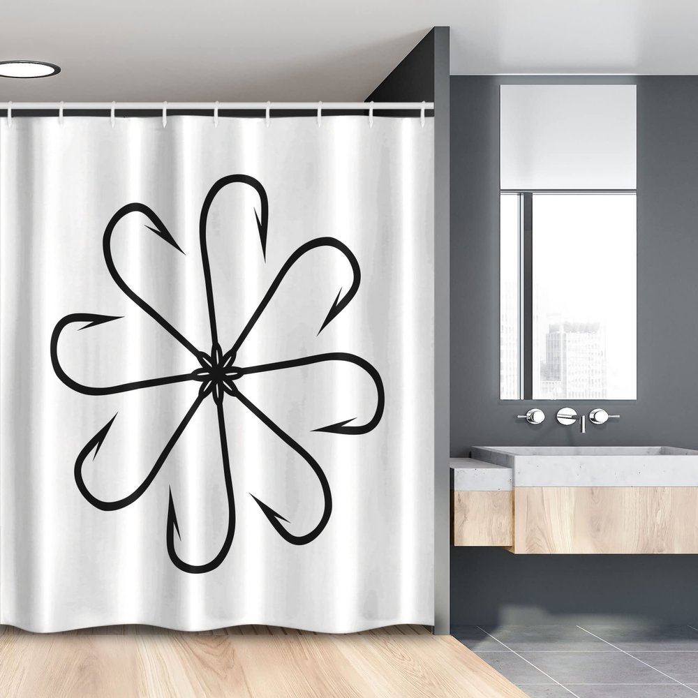 Ambesonne Fishing Stall Shower Curtain, Flower Shaped Artisan Steel Multi Hook Gaff in Row New Needle Device Print, Fabric Bathroom Decor Set with Hooks, 54" W x 78" L, White and Black