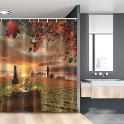 Ambesonne Winery Stall Shower Curtain, White Wine Cask on Vineyard at Sunset in Chianti Tuscany Italy, Fabric Bathroom Decor Set with Hooks, 54" W x 78" L, Apple Green