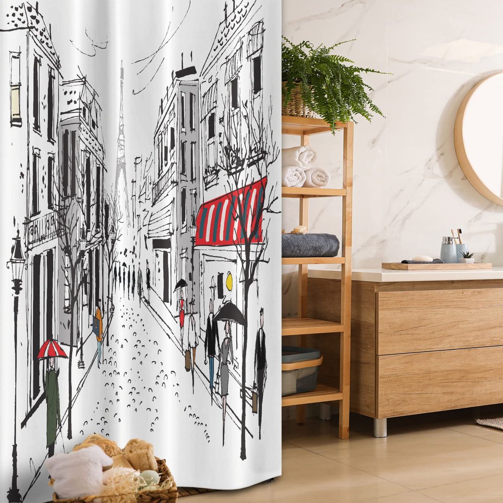 Ambesonne Paris Stall Shower Curtain, Old French Pedestrians Stores Trees and The Silhouette of Eifffel Urban Illustration, Fabric Bathroom Decor Set with Hooks, 36" W x 72" L, Gray White