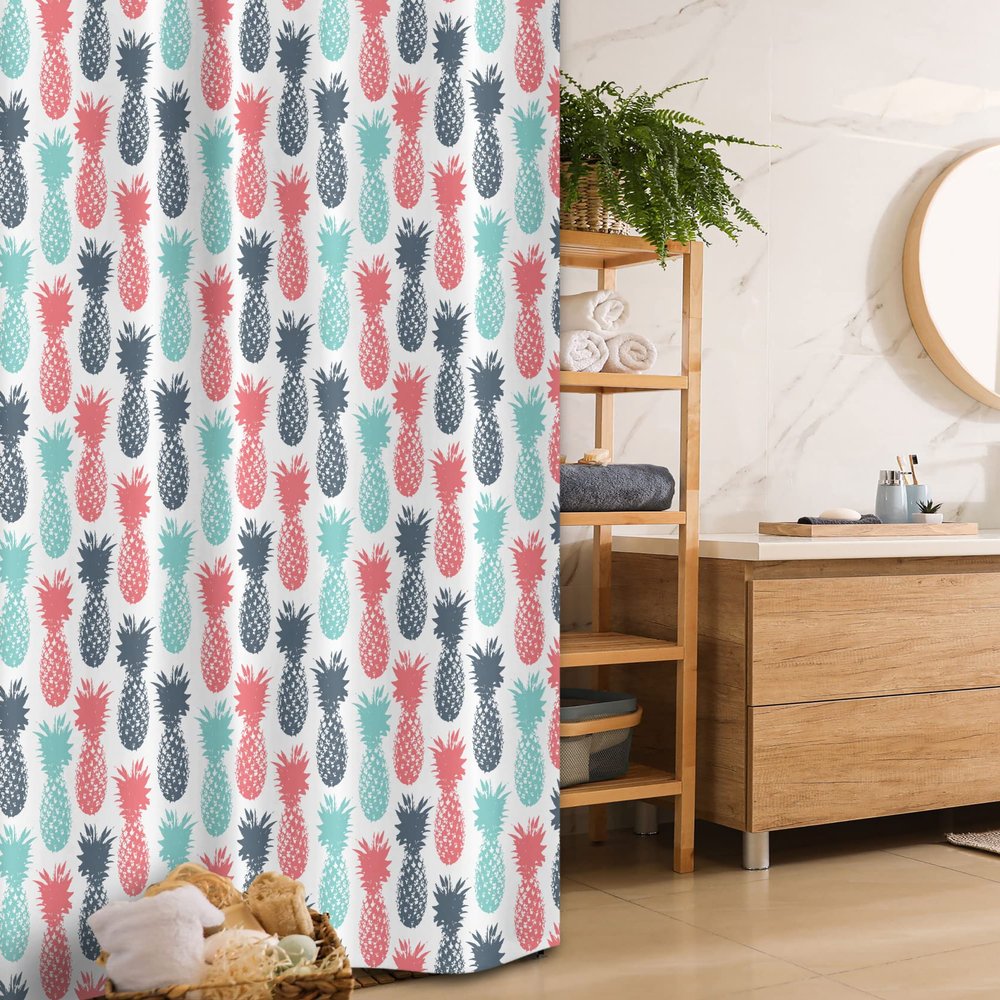Ambesonne Pineapple Stall Shower Curtain, Summer Island Tropic Fruit Pattern Stamped Minimal Backdrop Pop Art, Fabric Bathroom Decor Set with Hooks, 36" W x 72" L, Turquoise Coral