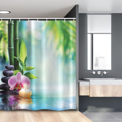 Ambesonne Spa Stall Shower Curtain, Symbolic Features Candle and Bamboos Tranquil and Thoughtful Life Nature Print, Fabric Bathroom Decor Set with Hooks, 54" W X 78" L, Blue Black