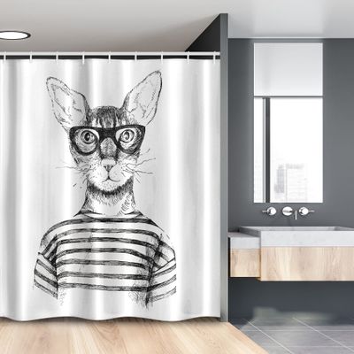 Ambesonne Cat Stall Shower Curtain, Hand Drawn Dressed up Hipster New Age Cat Fashion Urban Free Art Print, Fabric Bathroom Decor Set with Hooks, 54" W x 78" L, Gray White