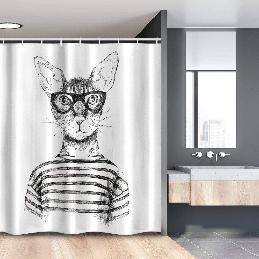 Ambesonne Cat Stall Shower Curtain, Hand Drawn Dressed up Hipster New Age Cat Fashion Urban Free Art Print, Fabric Bathroom Decor Set with Hooks, 54" W x 78" L, Gray White
