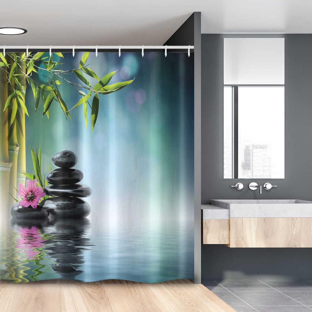 Ambesonne Spa Stall Shower Curtain, Tower Stone and Hibiscus with Bamboo on The Water Blurry Background, Fabric Bathroom Decor Set with Hooks, 54" W x 78" L, Petrol Blue Lime Green
