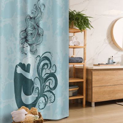 Ambesonne Mermaid Stall Shower Curtain, Sleeping Girl Design Wavy Hair Hand Drawn Effect Grungy Backdrop, Fabric Bathroom Decor Set with Hooks, 36" W x 72" L, Pale Blue Dark Teal