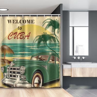 Ambesonne Retro Stall Shower Curtain, Nostalgic Welcome to Cuba Print Classic Car Beach Ocean Palm Trees, Fabric Bathroom Decor Set with Hooks, 54" W x 78" L, Green Cream Yellow