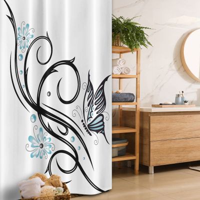 Ambesonne Tattoo Stall Shower Curtain, Leaf Like Design Flowers and a Flying Butterfly Image Illustration Print, Fabric Bathroom Decor Set with Hooks, 36" W x 72" L, Blue Black and White