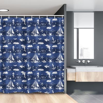 Ambesonne Navy Blue Stall Shower Curtain, Sailboat Vertical Stripe Pattern Anchor Fishes Gulls Paint Effect Nautical Theme, Fabric Bathroom Decor Set with Hooks, 54" W x 78" L, Blue White
