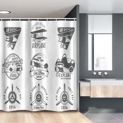 Lunarable Airplane Stall Shower Curtain, Airplane Emblems Biplane Aviation Stamps in Greyscale Tones, Fabric Bathroom Decor Set with Hooks, 54" W x 78" L, Charcoal Grey White
