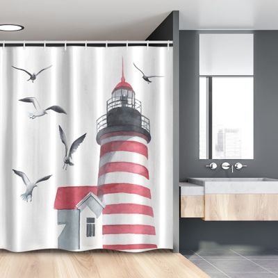 Ambesonne Lighthouse Stall Shower Curtain, Lighthouse and Seagulls on The Beach Navigational Aid Seaside Waterways Art, Fabric Bathroom Decor Set with Hooks, 54" W x 78" L, Red Grey White