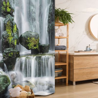 Ambesonne Waterfall Stall Shower Curtain, Majestic River Blocked Massive Rocks Moss on Them Photo, Fabric Bathroom Decor Set with Hooks, 36" W x 72" L, Green Black and White