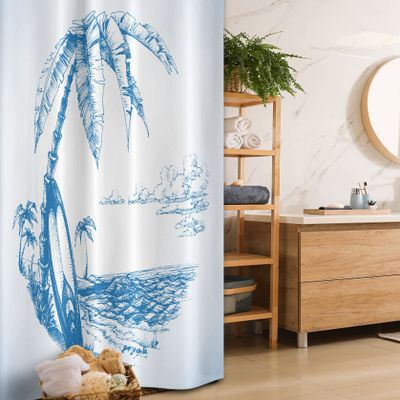 Ambesonne Surf Stall Shower Curtain, Contemporary Sketch Illustration Hawaiian Beach Surfboard Palms Ocean Water, Fabric Bathroom Decor Set with Hooks, 36" W x 72" L, Blue White