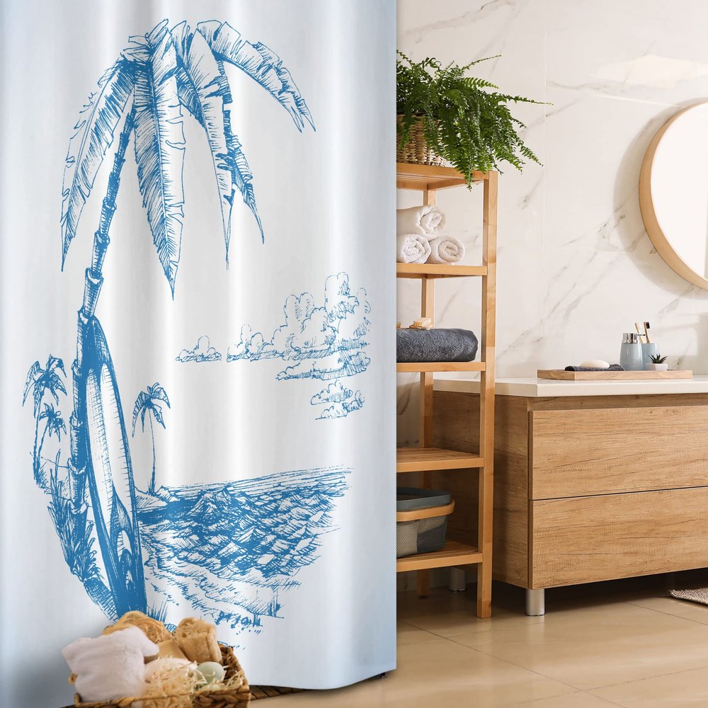 Ambesonne Surf Stall Shower Curtain, Contemporary Sketch Illustration Hawaiian Beach Surfboard Palms Ocean Water, Fabric Bathroom Decor Set with Hooks, 36" W x 72" L, Blue White