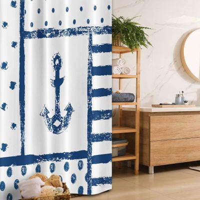 Ambesonne Anchor Stall Shower Curtain, Grunge Murky Boat Marine Silhouette Polka and Stripe Retro Navy Theme Art, Fabric Bathroom Decor Set with Hooks, 36" W x 72" L, Dark Blue White