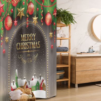 Ambesonne Christmas Stall Shower Curtain, Classic Rustic Design Season Greetings Yellow Colored Letters Village Ornaments, Fabric Bathroom Decor Set with Hooks, 36" W x 72" L, Red Green