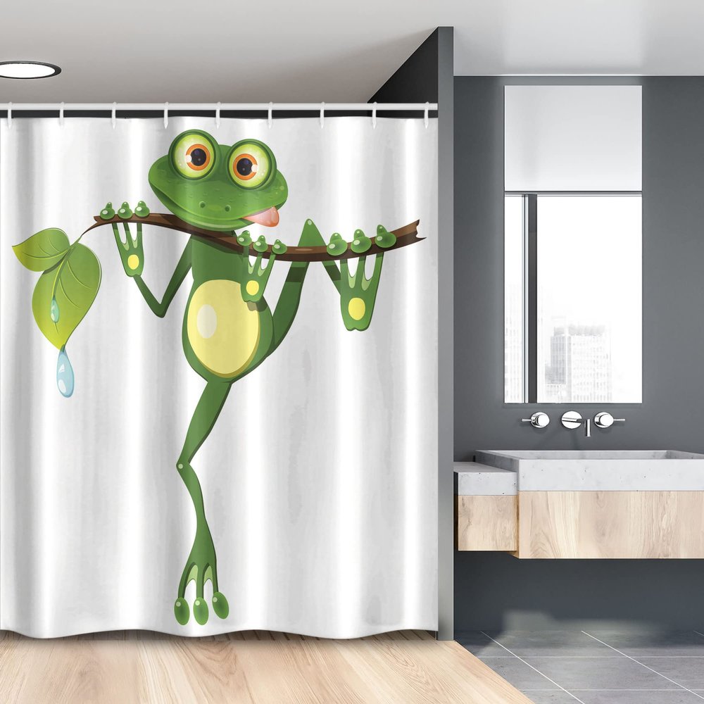 Ambesonne Animal Stall Shower Curtain, Little Frog on Branch of The Tree in Rainforest Nature Jungle Life Art Earth, Fabric Bathroom Decor Set with Hooks, 54" W x 78" L, Green White Yellow