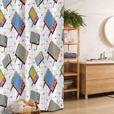 Ambesonne Vintage Stall Shower Curtain, Funny Retro Modern 80s Memphis Neon Color TV Background Cartoon Style Design, Fabric Bathroom Decor Set with Hooks, 36" W x 72" L, Grey Aqua