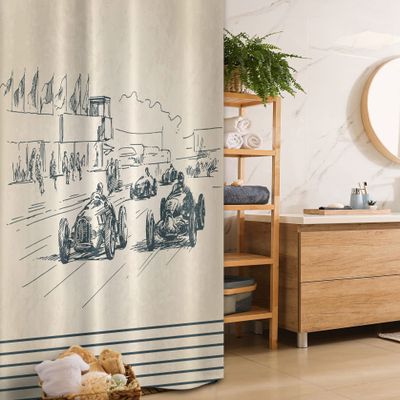 Ambesonne Vintage Car Stall Shower Curtain, Vintage Racing Cars Sport Nostalgic Sketchy Doodle Style, Fabric Bathroom Decor Set with Hooks, 36" W x 72" L, Beige Forest Green
