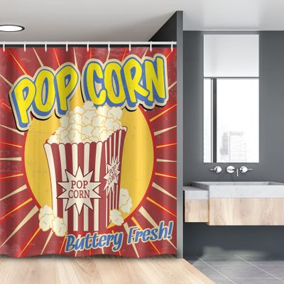 Ambesonne Retro Stall Shower Curtain, Vintage Grunge Pop Corn Commercial Print Old Fashioned Cinema Movie Film Snack, Fabric Bathroom Decor Set with Hooks, 54" W x 78" L, Yellow Blue Burgundy