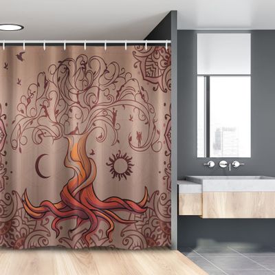 Ambesonne Ethnic Stall Shower Curtain, Vintage Tree of Life Sun and Moon Elf on Branches Enchanted, Fabric Bathroom Decor Set with Hooks, 54" W x 78" L, Orange Mauve Taupe