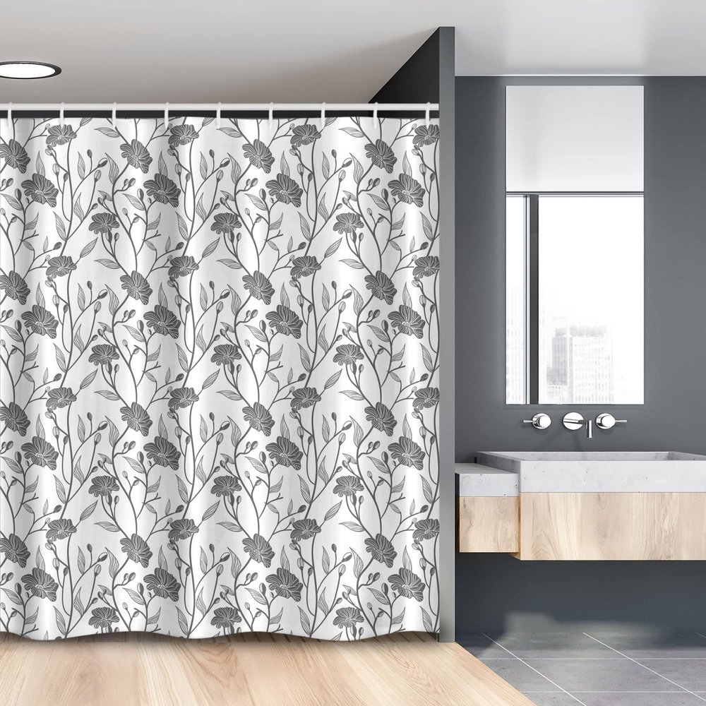 Ambesonne Grey Stall Shower Curtain, Modern Graphic of Flowers and Branches with Simple Pure Patterns Boho Print, Fabric Bathroom Decor Set with Hooks, 54" W x 78" L, White Grey