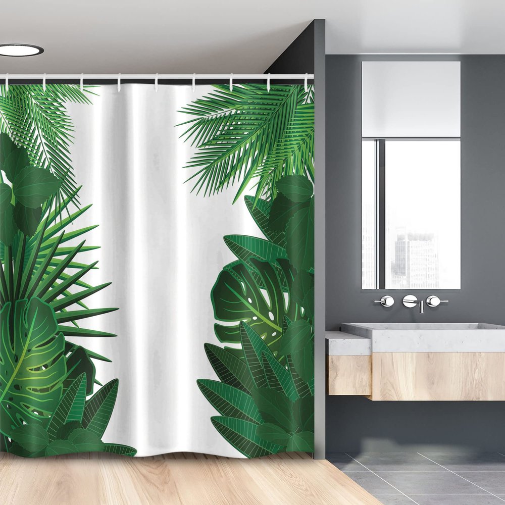 Ambesonne Leaf Stall Shower Curtain, Exotic Fantasy Hawaiian Tropical Palm Leaves Floral Graphic Art Print, Fabric Bathroom Decor Set with Hooks, 54" W x 78" L, Green White