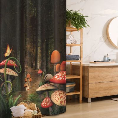 Ambesonne Mushroom Stall Shower Curtain, Mushrooms in Deep Dark Forest Fantasy Nature Theme Earth Path, Fabric Bathroom Decor Set with Hooks, 36" W x 72" L, Pomegranate Green