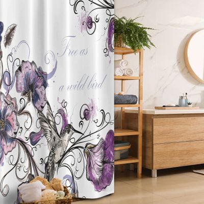 Ambesonne Hummingbird Stall Shower Curtain, Flowers Leaves Bird and Classic Patterns Curvy Lines Ornament Nostalgic Art, Fabric Bathroom Decor Set with Hooks, 36" W x 72" L, Purple Black