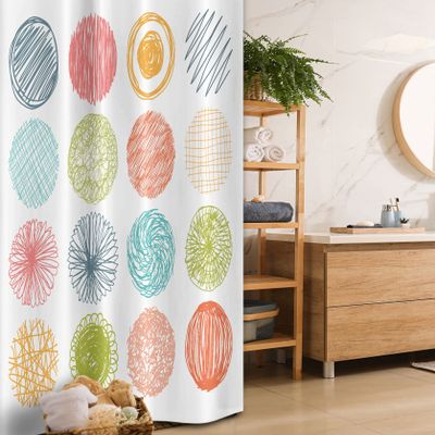 Ambesonne Colorful Stall Shower Curtain, Doodle Style Scribble Composition Circles Stripes Joyful Illustration, Fabric Bathroom Decor Set with Hooks, 36" W x 72" L, Orange Coral