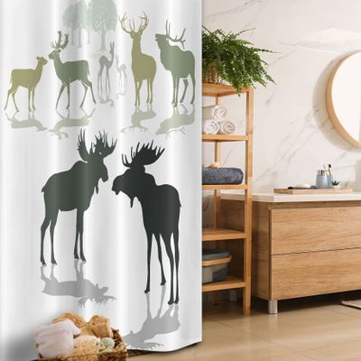 Ambesonne Antlers Stall Shower Curtain, Elk Deer and Fawn Silhouette Forest at The Background World Natural Habitat Theme, Fabric Bathroom Decor Set with Hooks, 36" W x 72" L, Green Black