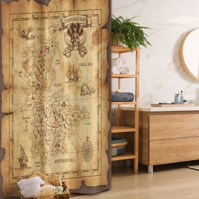 Ambesonne Island Map Stall Shower Curtain, Super Detailed Treasure Map Grungy Rustic Pirates Gold Secret Sea History Theme, Fabric Bathroom Decor Set with Hooks, 36" W x 72" L, Beige Brown