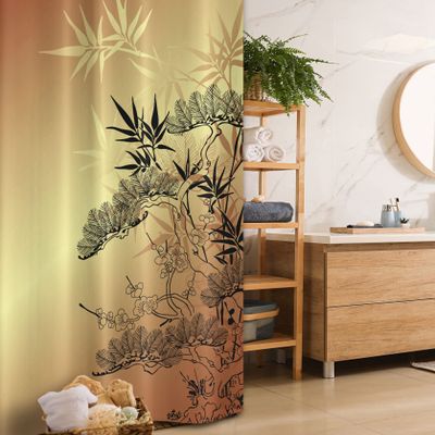 Ambesonne Japanese Stall Shower Curtain, Branches with Shadowy Fragrant Leaves Nature Illustration Folk Sunset Ethnic Art, Fabric Bathroom Decor Set with Hooks, 36" W x 72" L, Sepia Black