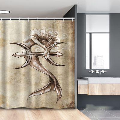 Ambesonne Mermaid Stall Shower Curtain, Vintage Girl in The Sea an Anchor Mythical Aquatic Creature Graphic Art, Fabric Bathroom Decor Set with Hooks, 54" W x 78" L, Beige Brown