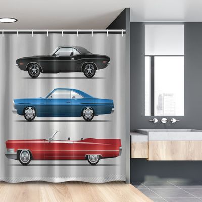 Ambesonne Cars Stall Shower Curtain, Old-Fashioned Cars Colorful Design Seventies Vintage Automobiles on Grey Backdrop, Fabric Bathroom Decor Set with Hooks, 54" W x 78" L, Charcoal Grey