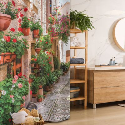 Ambesonne Italian Stall Shower Curtain, Street View of a Small Renaissance Town with Floral Porches and Rock Mediterranean, Fabric Bathroom Decor Set with Hooks, 36" W x 72" L, Jade Green Vermilion