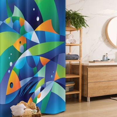 Ambesonne Ocean Stall Shower Curtain, Abstract Digital Geometric Pieced Fish Circle Curves Depths of The Sea Theme, Fabric Bathroom Decor Set with Hooks, 36" W x 72" L, Soft Blue Lime Green Sea Blue